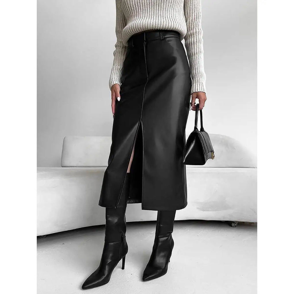 Aysha חצאית דמוי עור גבוהה עם שסע קדמי