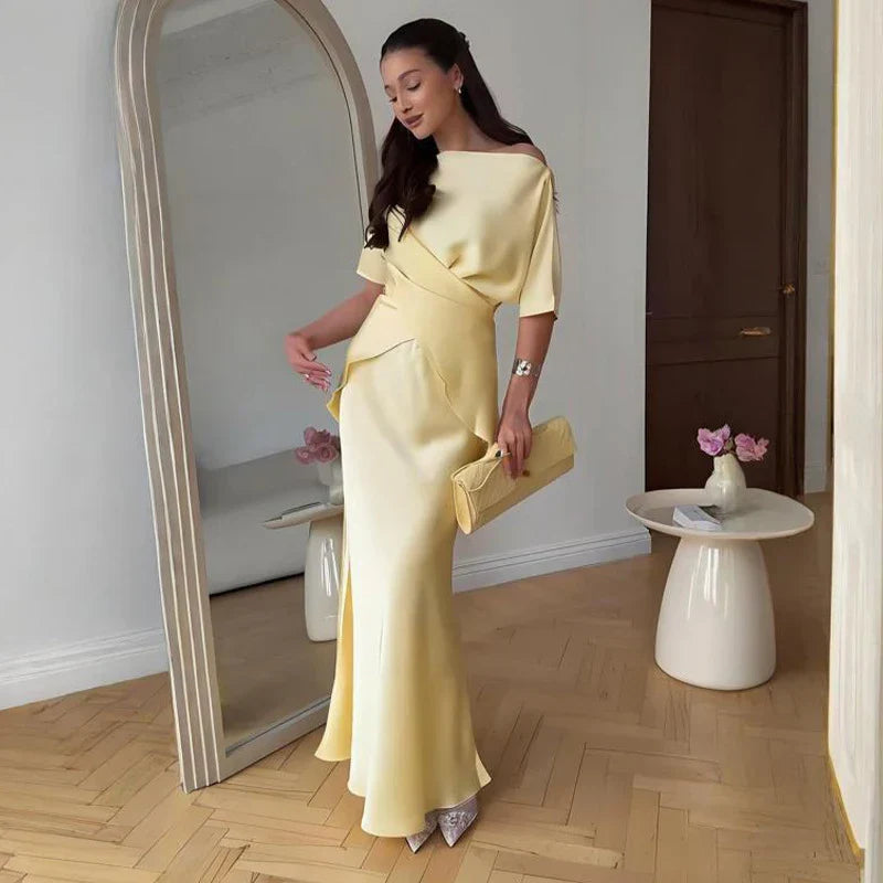 סט סאטן שני חלקים חולצת קשירה בעיצוב קרוס וחצאית מקסי - ליבי