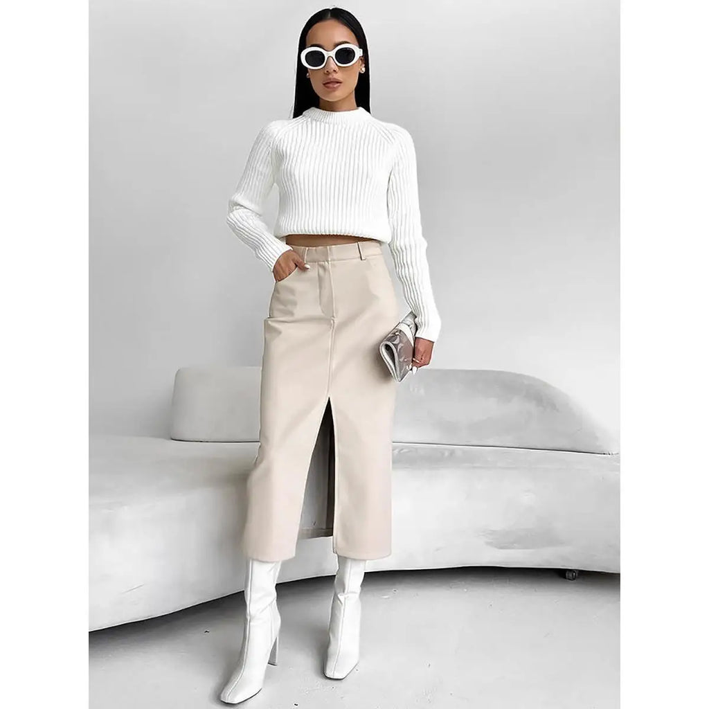 Aysha חצאית דמוי עור גבוהה עם שסע קדמי