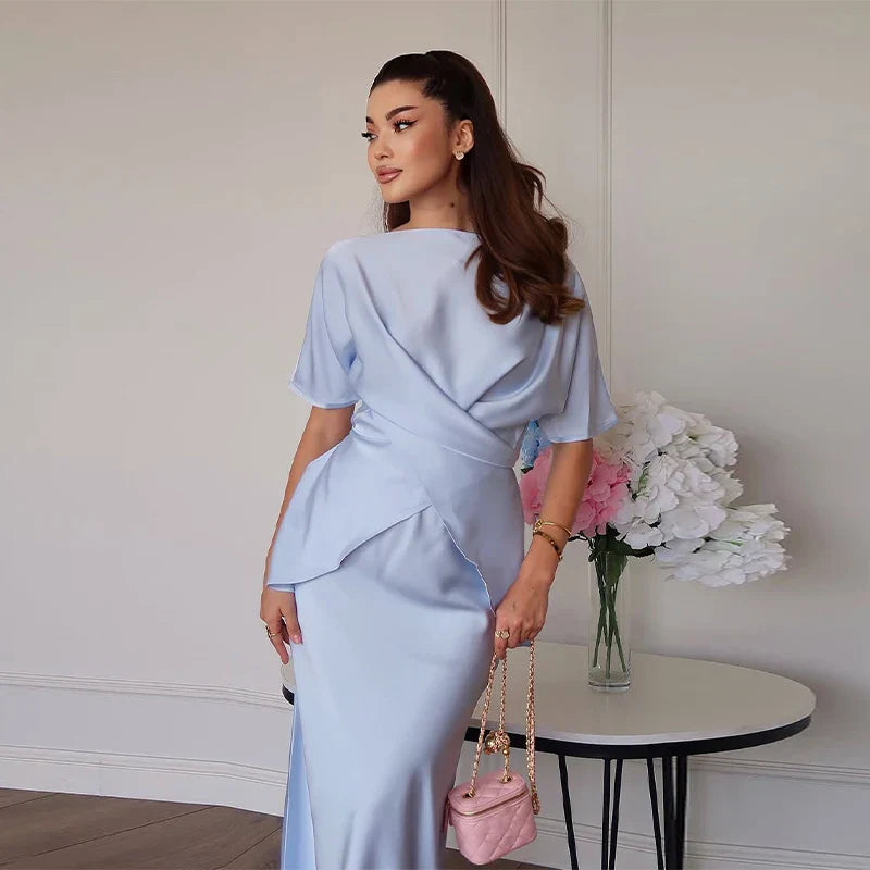 סט סאטן שני חלקים חולצת קשירה בעיצוב קרוס וחצאית מקסי - ליבי